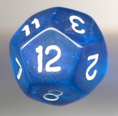 A blue dodecahedron die, often used for games like Dungeons and Dragons
